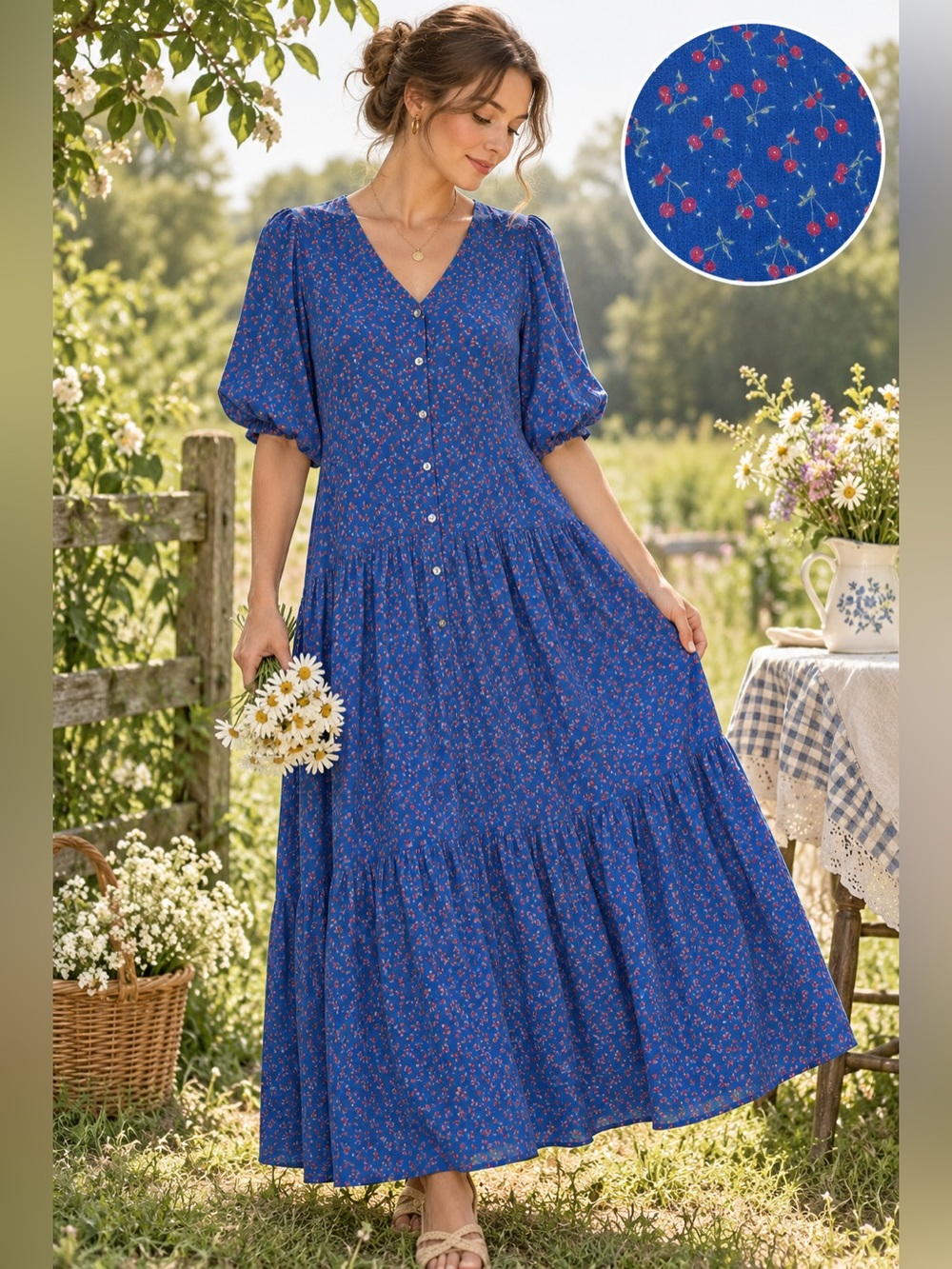 Brass & Roe Blue Cherry Print Tiered Midi Maxi Dress XL Puff Sleeve Button Front
